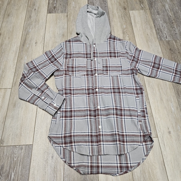 PacSun Tops - Pacsun Hooded Grey Plaid Button Up Oversize Flannel Shacket Jacket Womens Small